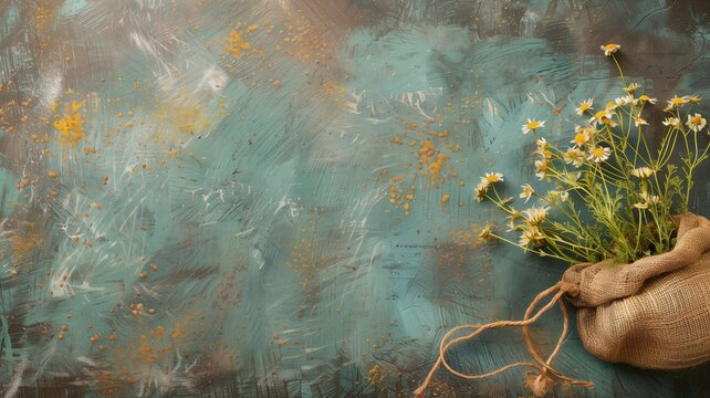 A bouquet of fresh daisies in a rustic burlap sack on textured turquoise and brown background with paint splatters.