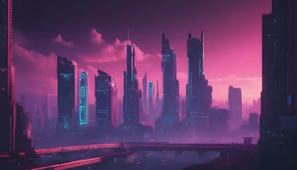Gordijnen Futuristic City Skyline Synthwave Colors Neurocy © Xara