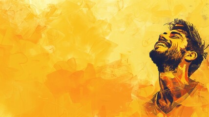 Artistic rendering of a bearded man cheering, set against vibrant yellow abstract background.