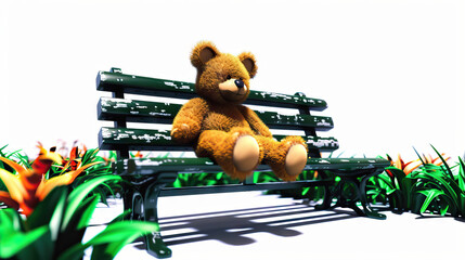 Lonely Teddy Bear Sitting on Abandoned Park Bench, Symbolizing Solitude and Longing