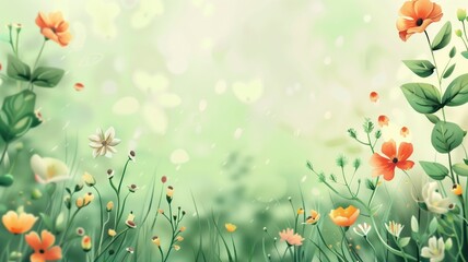 A vibrant illustration of a colorful meadow with variety stylized orange flowers and bokeh green background. - obrazy, fototapety, plakaty