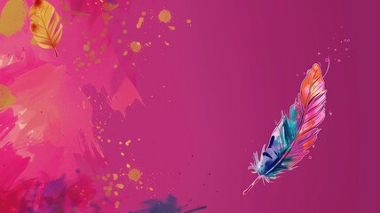 A colorful feather with paint splatters on a vibrant pink background, artistic and abstract.