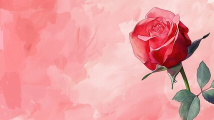A digital illustration of a vibrant red rose against textured pink watercolor background.