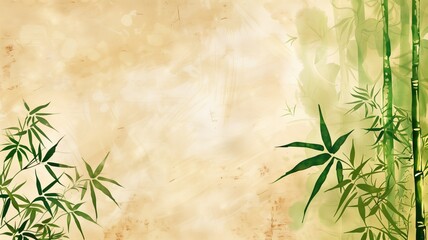 An illustrated background featuring green bamboo stems and leaves on an aged parchment texture with light spots. - obrazy, fototapety, plakaty
