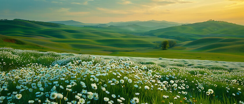 A Vibrant Green Field Is Adorned With Delicate White Flowers, Reminiscent Of Daisies.