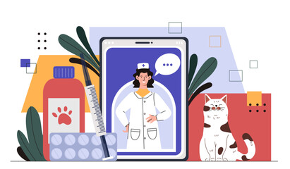 Veterinarian online service concept. Woman in medical uniform with syringe and pills and cat. Distant consultation for domestc animals. Cartoon flat vector illustration isolated on white background