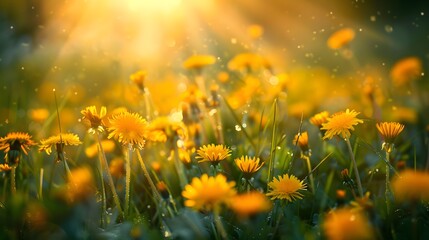 Beautiful flowers of yellow dandelions in nature in warm summer or spring on meadow in sunlight, macro. Dreamy artistic image of beauty of nature. Soft focus. 