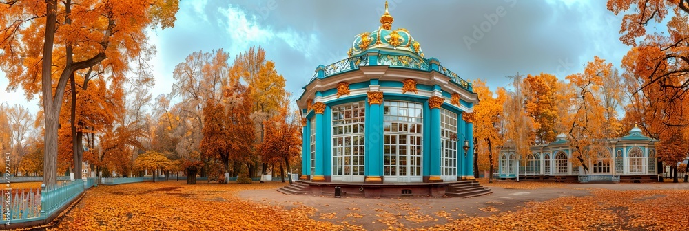 Aufkleber A peaceful scene unfolds as a striking blue building stands amidst a lush canopy of trees, creating a serene oasis of calm and beauty
