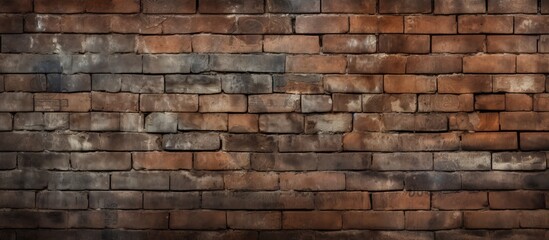 A detailed closeup of a brick wall showcasing the building material, brickwork, composite material, pattern, mortar, and stone wall texture with grass and soil visible in between the bricks - obrazy, fototapety, plakaty