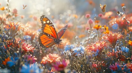 A pollinator butterfly hovers above a flowerfilled natural landscape