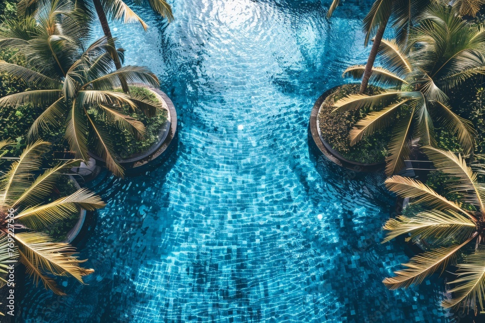 Poster a tranquil oasis unfolds below, with a pool shimmering in the sunlight, surrounded by lush palm tree