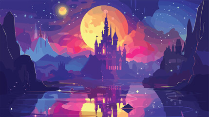 A castle in the middle of a lake with a large moon