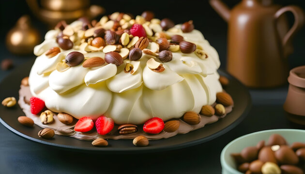  pavlova cake on a black plate with a dollop of cream, chocolate shavings, nuts and strawberries on top