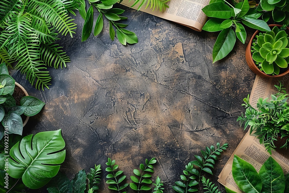 Poster an abundance of green plants fill a wooden table, creating a vibrant and refreshing display of natur