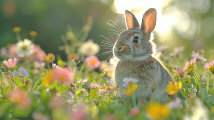 Easter Bunny in Defocused Field with Decorated Eggs and Flowers