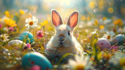 Easter Bunny in Defocused Field with Decorated Eggs and Flowers