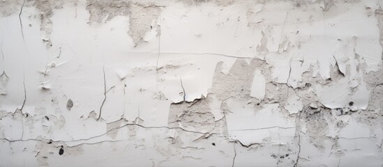 A detailed shot of a white wall with paint peeling off, revealing layers underneath. The texture...