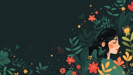 Illustration of a woman with dark hair surrounded by stylized plants and flowers on background.