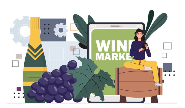 Wine online service concept. Alcoholic drinks from grapes. Beverage and tasty liquid. Woman with wineyard, sommelier with barrel. Poster or banner. Cartoon flat vector illustration