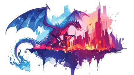 Fototapeten A dragon is flying and raging over a burning city © inshal