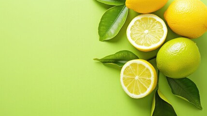 Fresh whole and halved lemons limes with leaves on a light green background.