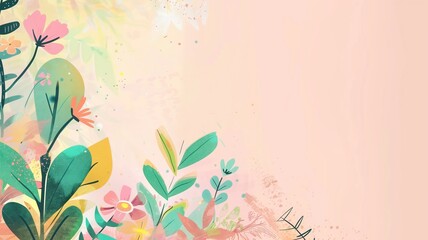 Pastel background featuring whimsical illustration of colorful flowers and foliage with space for text.