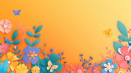Obraz premium Bright colorful paper flowers and butterflies on orange gradient background with copy space.