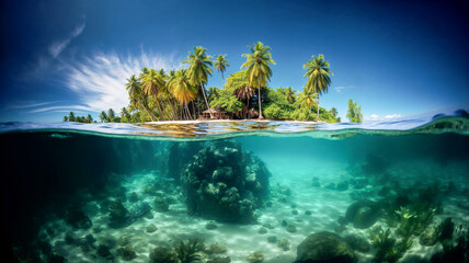 split photo of a Caribbean island with palm trees and the underwater world of the sea