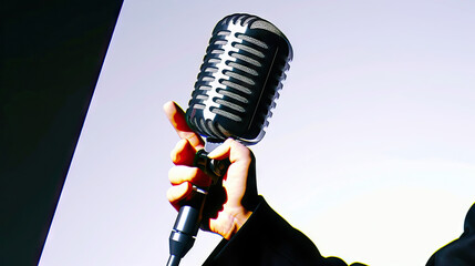 Retro Microphone in Singer's Hand, Bringing Vintage Vibes and Soulful Melodies to Life" Description: A singer's hand is holding a retro microphone, bringing vintage vibes and soulful melodies to life