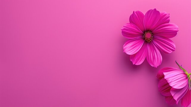 A vibrant pink cosmos flower on a matching background with ample copy space.