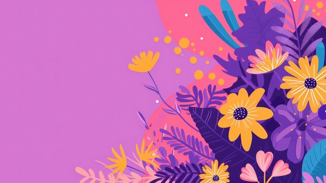 Colorful illustrated image featuring tropical flowers and leaves on a vibrant pink purple background.