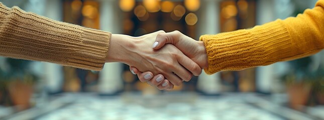 Two individuals are performing a handshake outside a wooden building. Their thumbs, fingers, and wrists are engaged in the gesture, showing unity and respect in this event - obrazy, fototapety, plakaty
