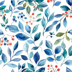 Fototapeta na wymiar Watercolor Floral Seamless Pattern with Delicate Leaves and Berries. Spring Blossom Design for Greeting Cards, Advertising, Banners, Leaflets and Flyers. Botanical Vector Design. Tropical Summer Conce