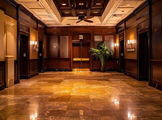 An empty luxury hotel lobby with marble floor and brown walls, featuring the number 