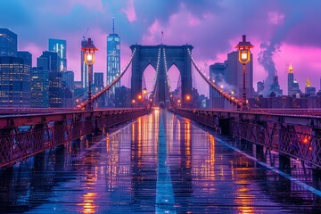 A violet bridge spans over the water, city buildings in the dusk sky. Purple clouds paint the...