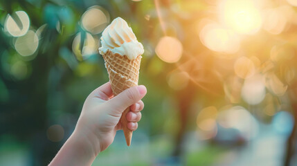 kid, child hand holding cone Ice cream with green nature bokeh background. summer vibes refreshing concept  