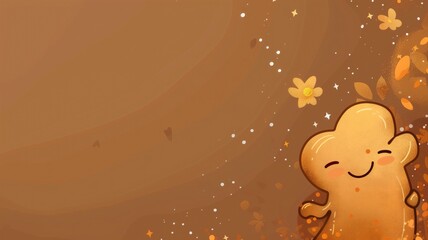 A cute gingerbread man cartoon with a happy face, surrounded by stars and sparkles on brown background.