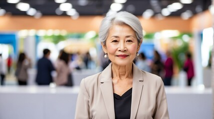 Beautiful elderly asian woman on work fair in exhibition hall job hunting looking at camera banner copy space template backdrop portrait from Generative AI