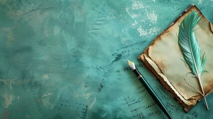 Vintage-inspired setup with a quill, ink pot, and parchment on textured teal background.