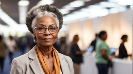 Beautiful elderly black african woman on work fair in exhibition hall job hunting looking at camera banner copy space template backdrop portrait from Generative AI - obrazy, fototapety, plakaty