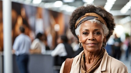 Beautiful elderly black african woman on work fair in exhibition hall job hunting looking at camera banner copy space template backdrop portrait from Generative AI - obrazy, fototapety, plakaty