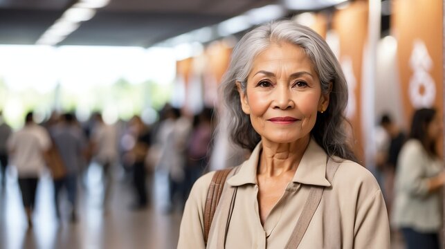 Beautiful elderly filipina woman on work fair in exhibition hall job hunting looking at camera banner copy space template backdrop portrait from Generative AI