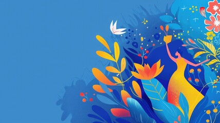 A colorful abstract illustration featuring a woman surrounded by vibrant plants, flowers, and bird.