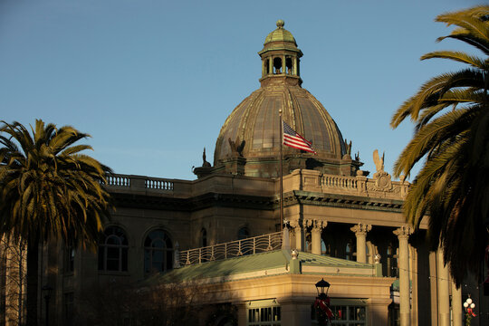 Sunset view of the historic San Mateo County Courthouse in downtown Redwood City, California, USA.