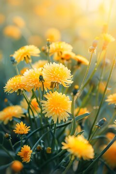 Beautiful flowers of yellow dandelions in nature in warm summer or spring on meadow in sunlight, macro. Dreamy artistic image of beauty of nature. Soft focus. 