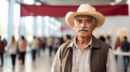 Handsome elderly mexican man on work fair in exhibition hall job hunting looking at camera banner copy space template backdrop portrait from Generative AI - obrazy, fototapety, plakaty
