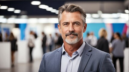 Handsome middle aged british man on work fair in exhibition hall job hunting looking at camera banner copy space template backdrop portrait from Generative AI