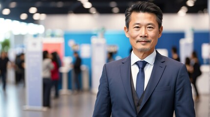 Handsome middle aged chinese man on work fair in exhibition hall job hunting looking at camera banner copy space template backdrop portrait from Generative AI