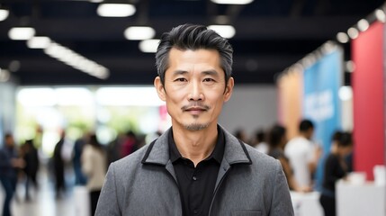 Fototapeta premium Handsome middle aged chinese man on work fair in exhibition hall job hunting looking at camera banner copy space template backdrop portrait from Generative AI