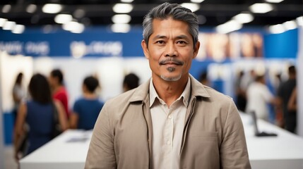 Fototapeta premium Handsome middle aged filipino man on work fair in exhibition hall job hunting looking at camera banner copy space template backdrop portrait from Generative AI